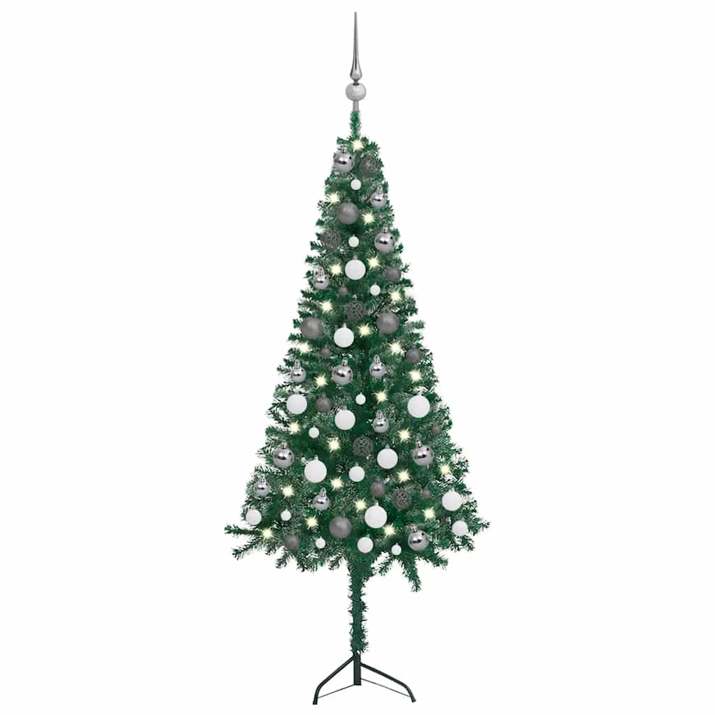 Vidaxl 47.2&quot; Corner Artificial Christmas Tree With Leds And Decorative Ball Set - Pvc And Steel Stand - Green And Gray Color Combination - Energy-Efficient, Economical & Adjustable For Limited Spaces