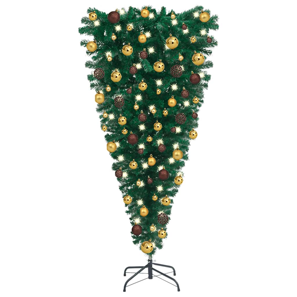 Vidaxl Artificial Christmas Tree In Upside-Down Style, 59.1 Inches, With Leds And Decorative Balls, Economical Choice, In Durable Pvc - Green Gold