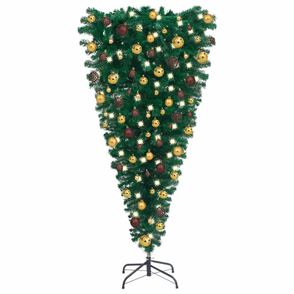 Vidaxl Upside-Down Artificial Christmas Tree - Complete Set With Led Lights, Decorative Balls And Stand - Unique Green Christmas Decor For Indoor Use