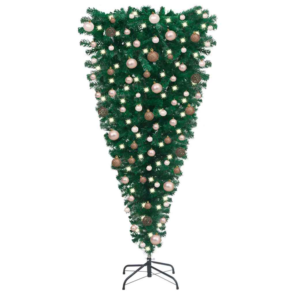 Vidaxl Upside-Down Artificial Pre-Lit Christmas Tree - Green With Rose Gold Balls, 94.5&quot; Height, 300 Led Lights, Pvc, Adjustable Branches, Steel Stand, Eye-Catching Xmas Centerpiece.