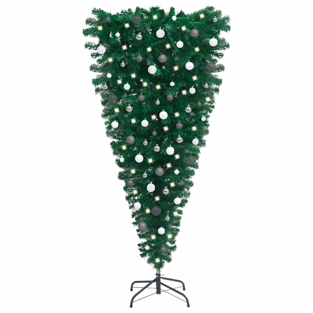Vidaxl Pre-Lit Upside-Down Artificial Christmas Tree With Ball Set - Pvc Construction, Green Color, Adjustable Branches, Energy-Efficient Leds, Steel Stand, 59.1&quot; Height, 31.5&quot; Width