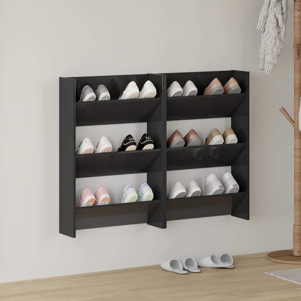 vidaXL Wall Shoe Cabinets 2 pcs High Gloss Black 23.6x7.1x35.4 Engineered Wood