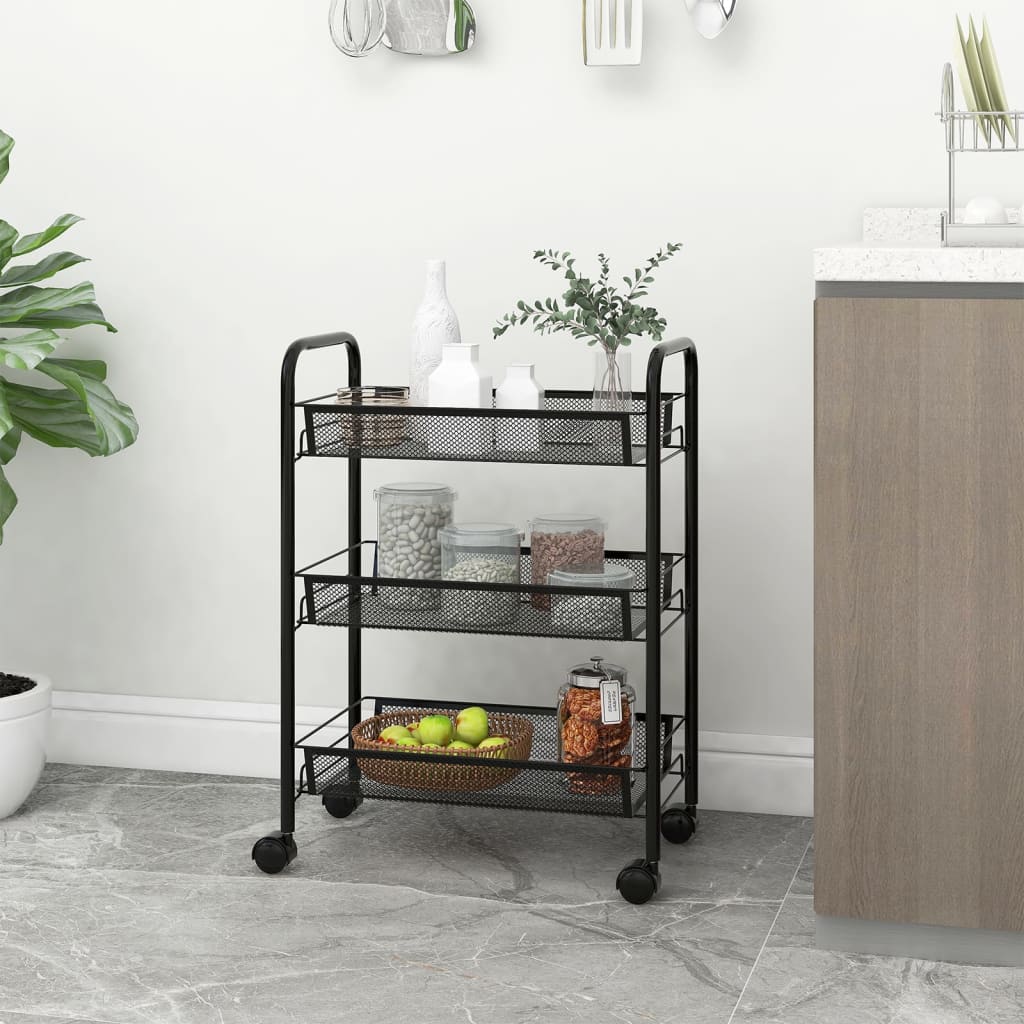 vidaXL 3-Tier Kitchen Trolley Black 18.1x10.2x25.2 Iron