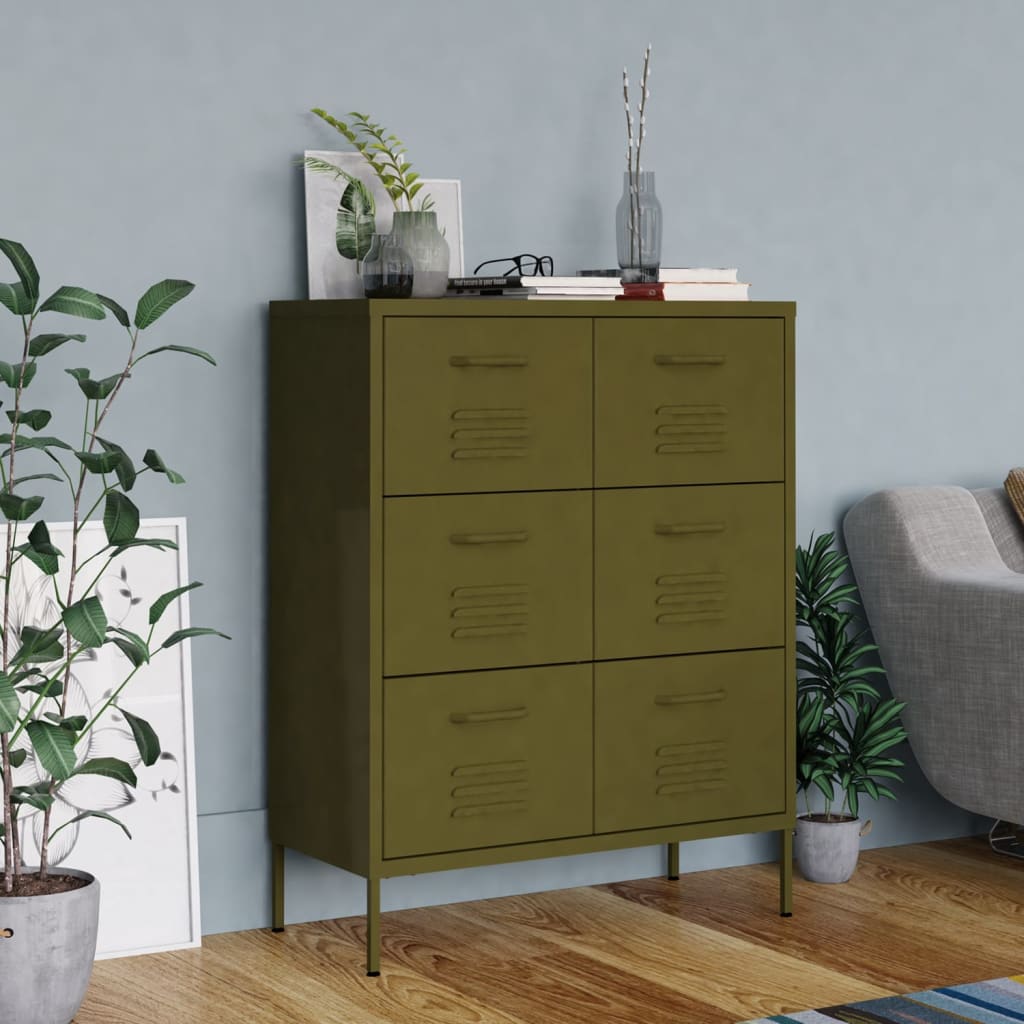 vidaXL Drawer Cabinet - Olive Green Large Storage Unit, 6-Drawer Industrial Style Cabinet, Resistant Steel Material, Fully Extendable, Easy Maintenance