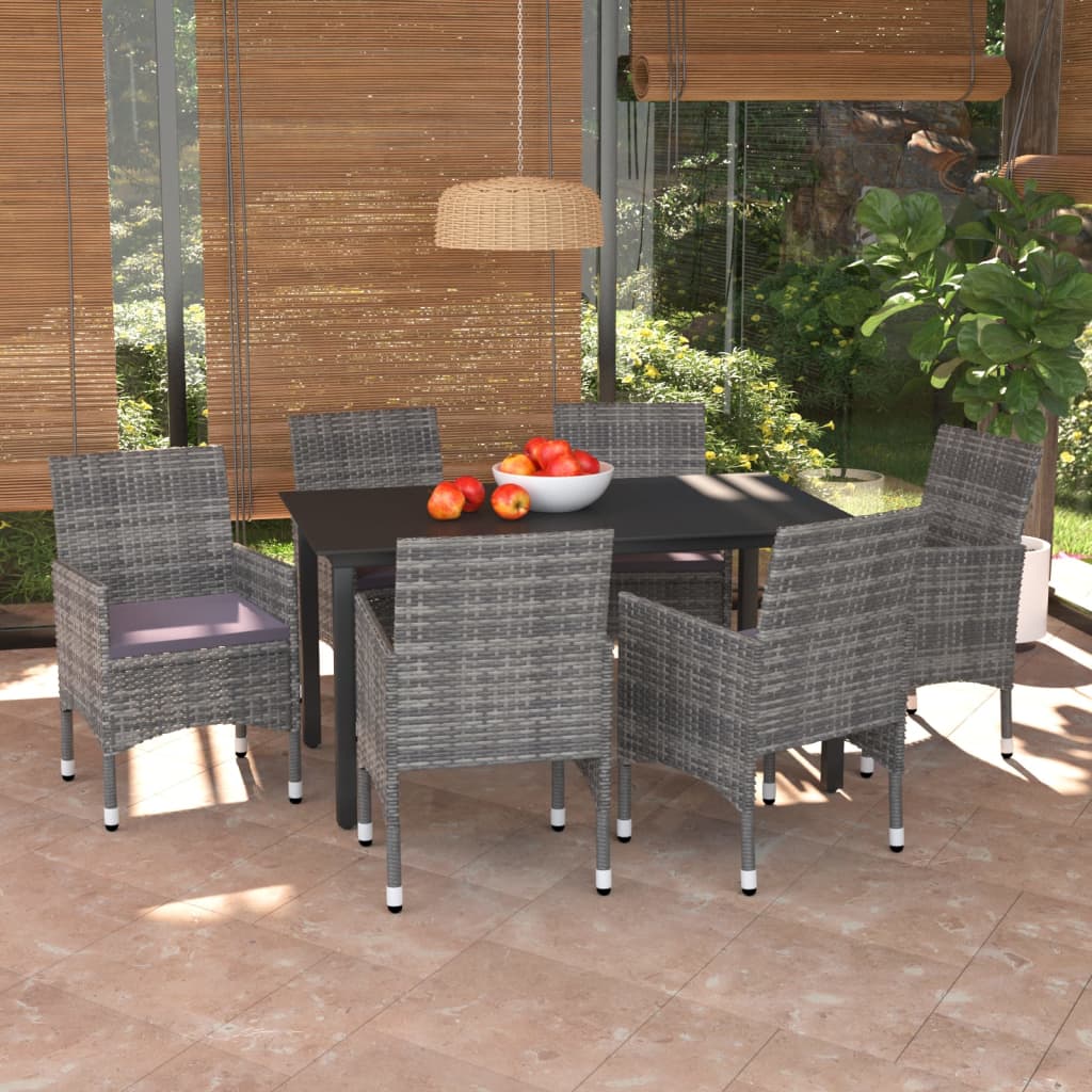 vidaXL 7 Piece Garden Dining Set with Cushions Poly Rattan Grey