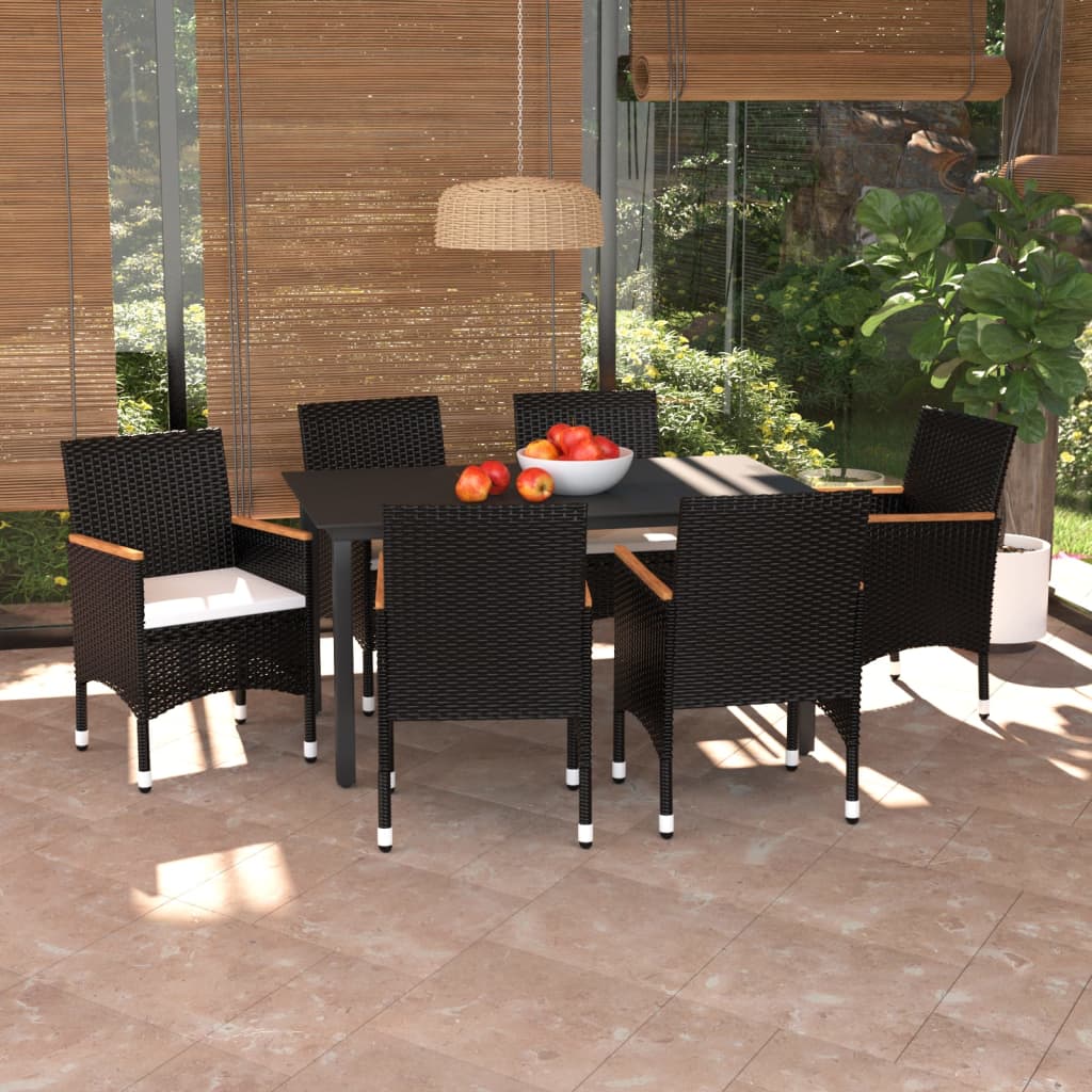 vidaXL 7 Piece Garden Dining Set with Cushions Poly Rattan Black