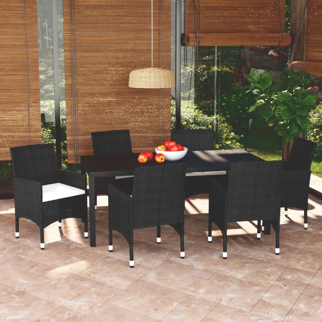 vidaXL 7 Piece Patio Dining Set with Cushions Poly Rattan Black
