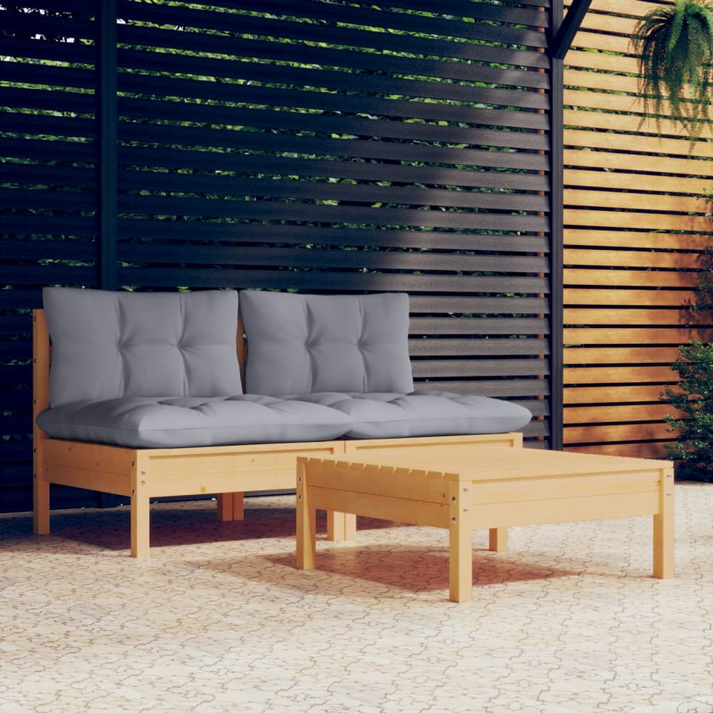 vidaXL 3 Piece Patio Lounge Set with Gray Cushions Pinewood