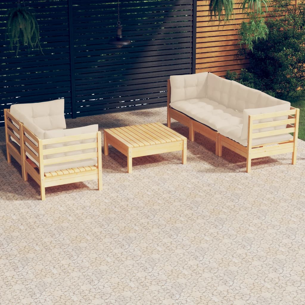 vidaXL 6 Piece Patio Lounge Set with Cream Cushions Pinewood