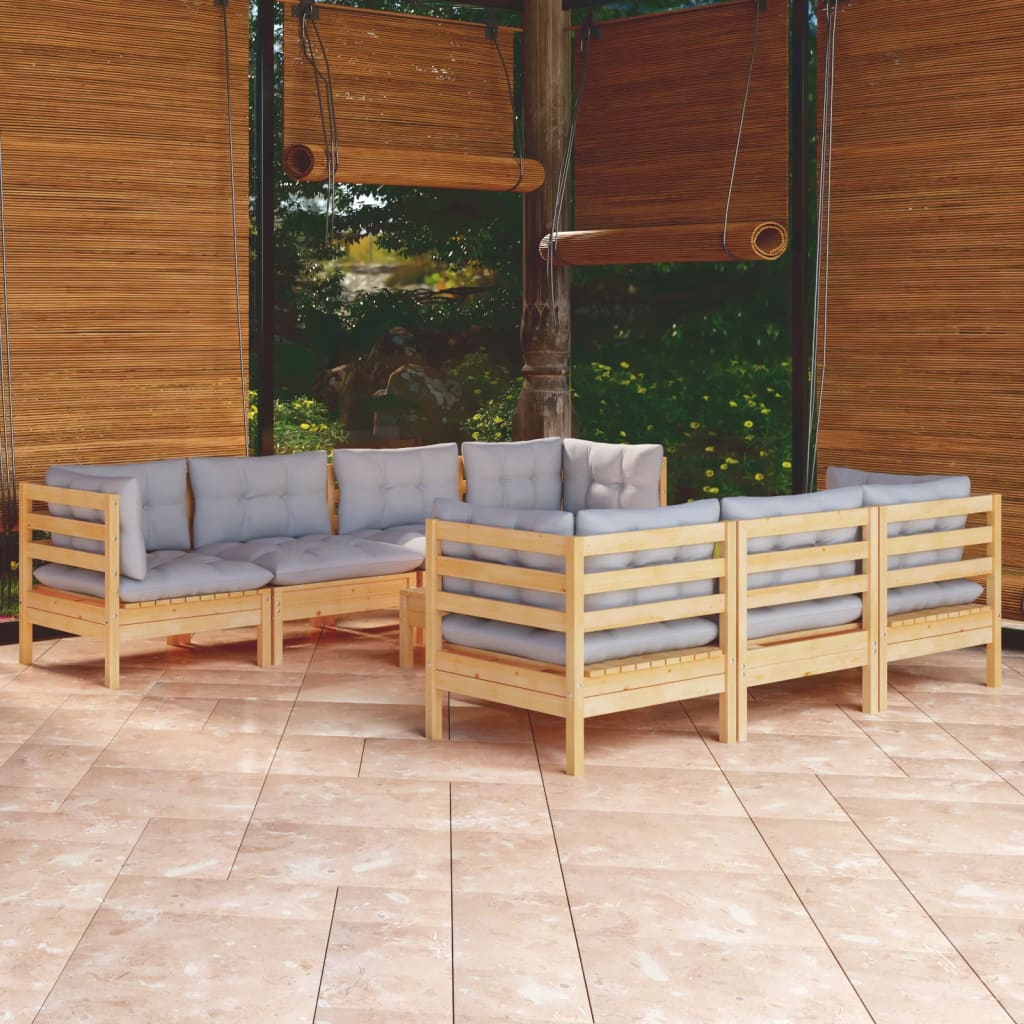 vidaXL 8 Piece Patio Lounge Set with Gray Cushions Solid Pinewood