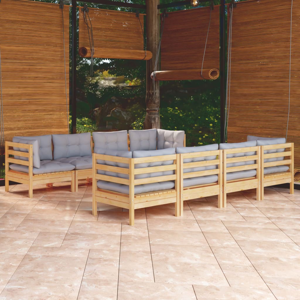 vidaXL 9 Piece Patio Lounge Set with Gray Cushions Solid Pinewood