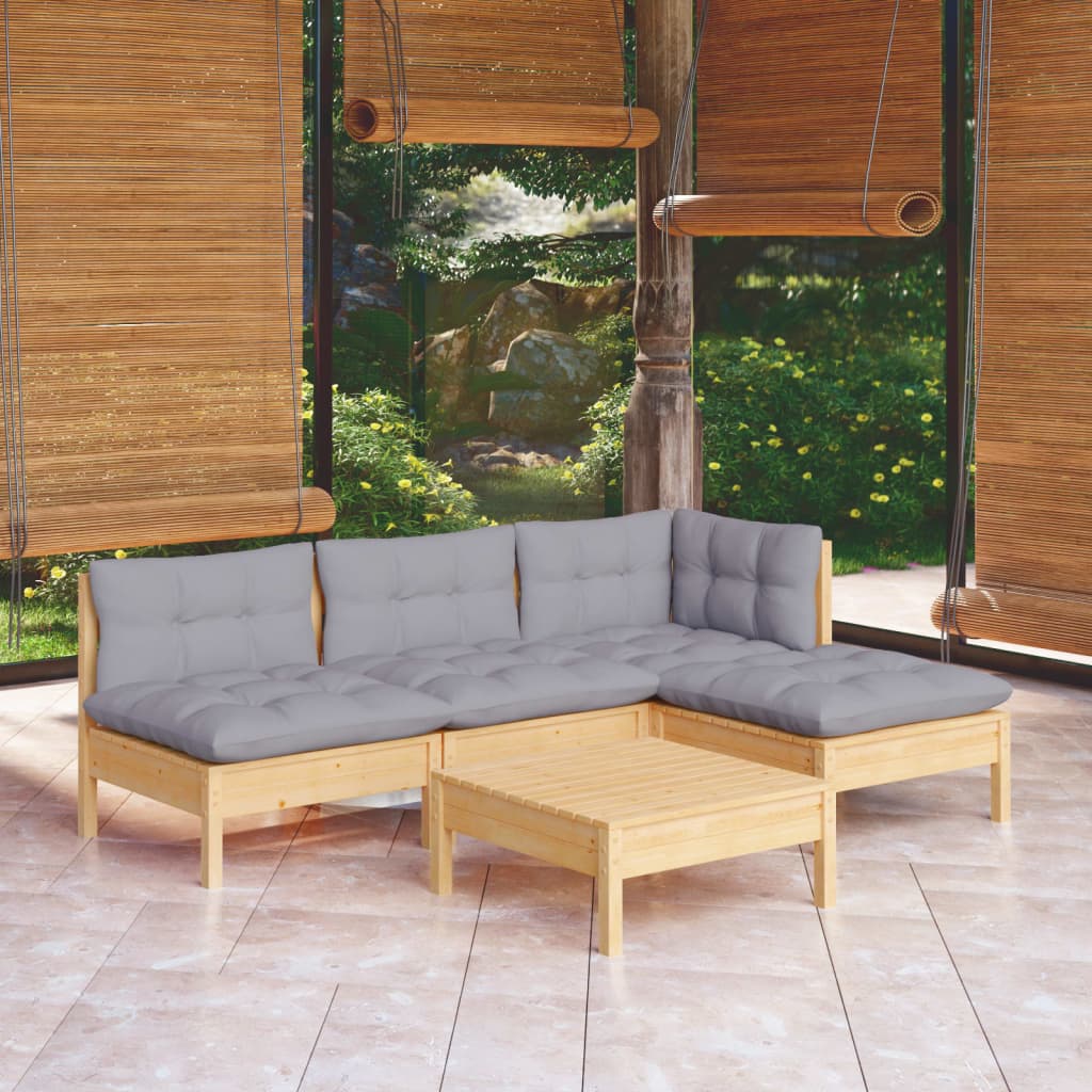 vidaXL 5 Piece Patio Lounge Set with Gray Cushions Pinewood