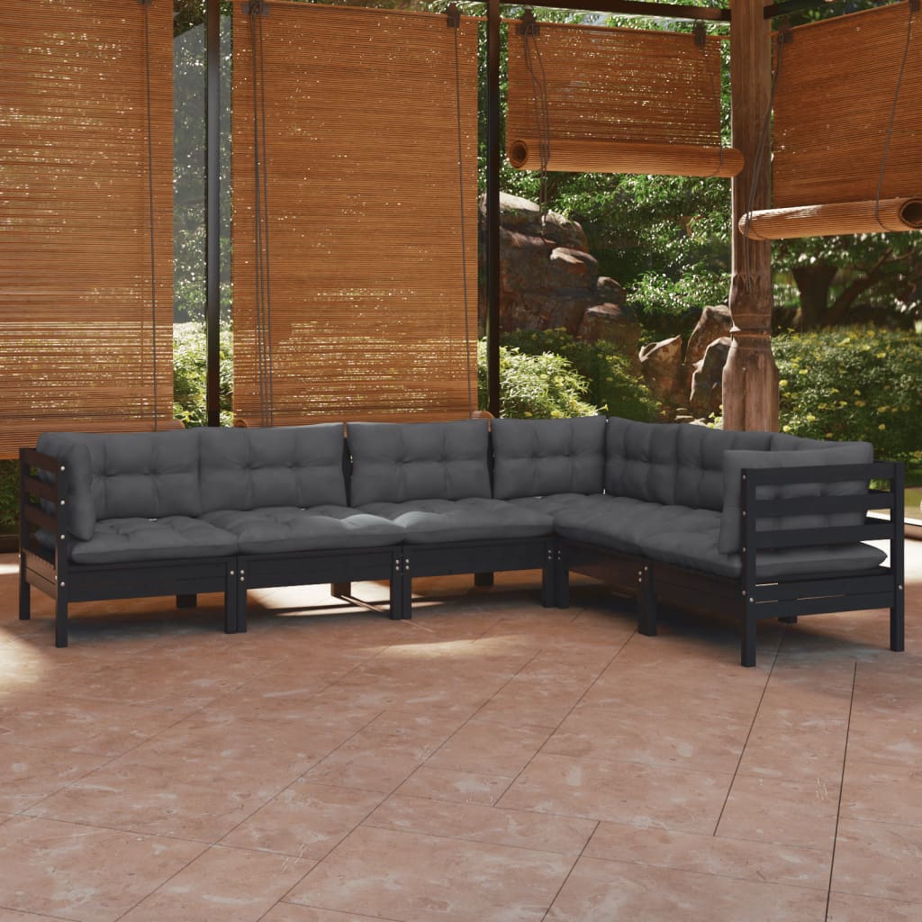 vidaXL 6 Piece Patio Lounge Set with Cushions Black Solid Pinewood