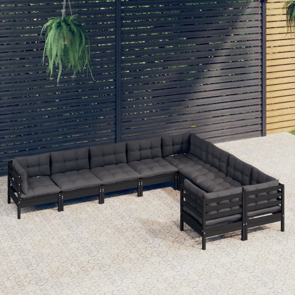 vidaXL 9 Piece Patio Lounge Set with Cushions Black Pinewood