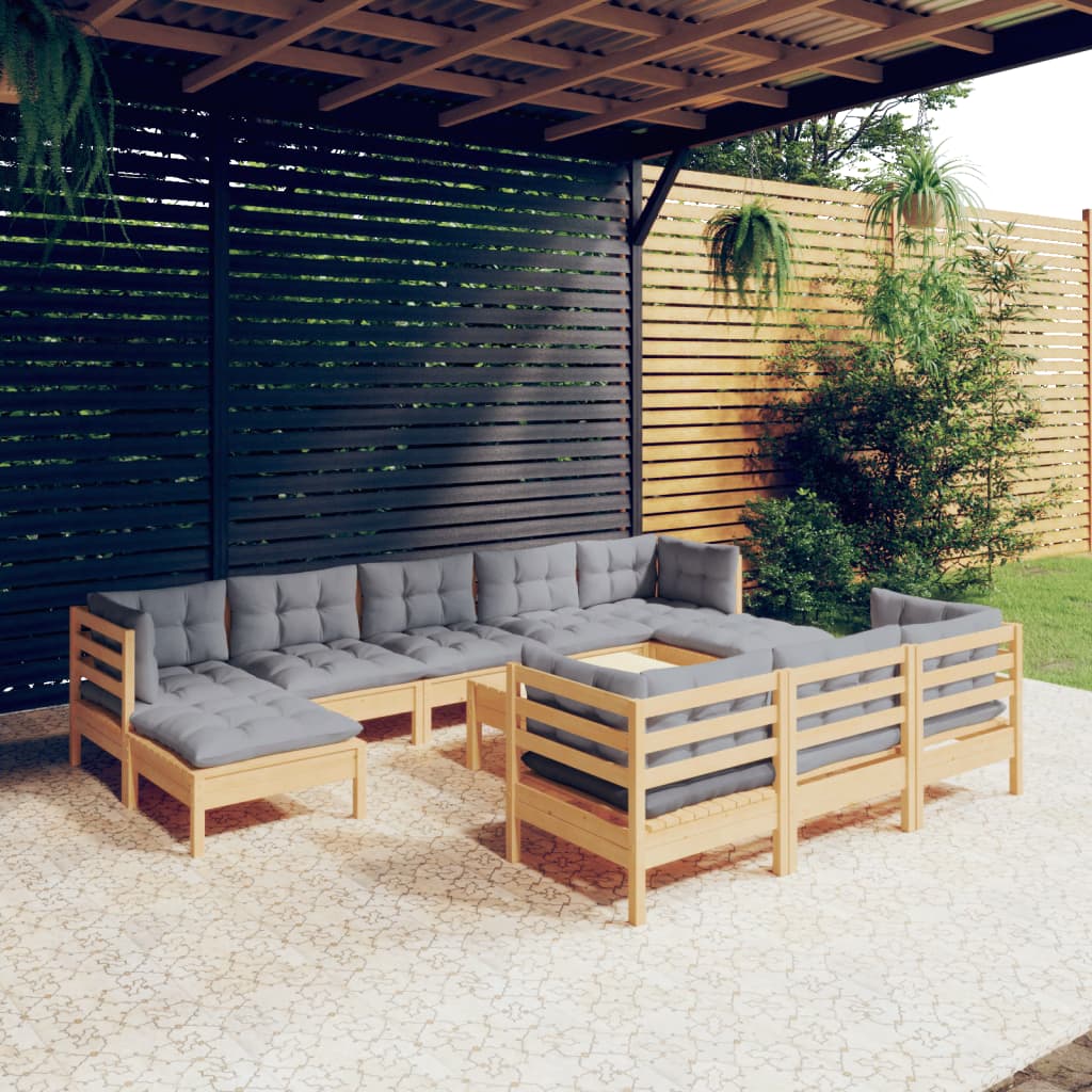 vidaXL 11 Piece Patio Lounge Set with Gray Cushions Solid Pinewood