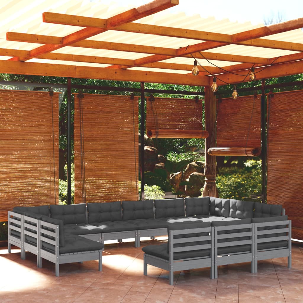 vidaXL 13 Piece Patio Lounge Set with Cushions Gray Solid Pinewood