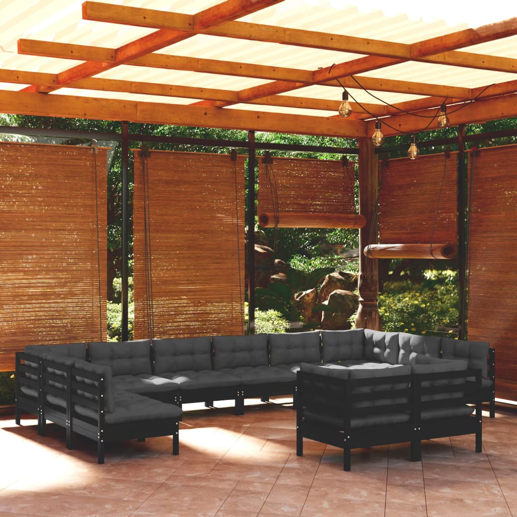 vidaXL 12 Piece Patio Lounge Set with Cushions Black Solid Pinewood