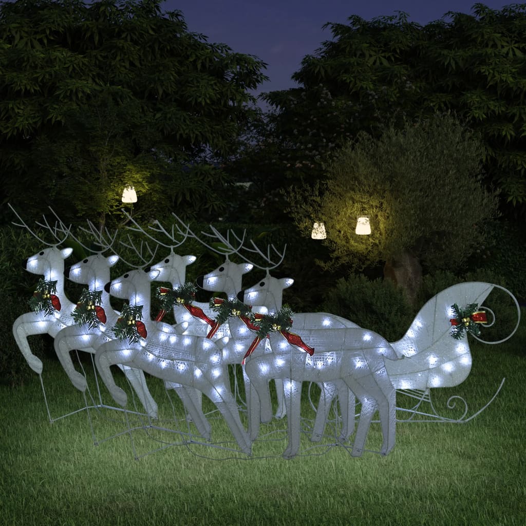 Vidaxl White Reindeer & Sleigh Outdoor Christmas Decorations, Indoor Festive Display With 140 Energy-Efficient Led Lights, Adjustable Lighting Effects, Weather-Resistant Mesh Material, Usb Powered