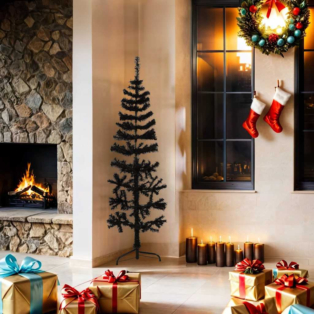 Vidaxl Slim Artificial Half Christmas Tree With Stand - 5 Ft Black Pvc Tree - Realistic Design - Space-Saving - Economical - For Modern Home Holiday Decor