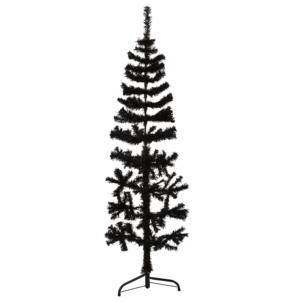 Vidaxl Slim Artificial Half Christmas Tree With Stand - 5 Ft Black Pvc Tree - Realistic Design - Space-Saving - Economical - For Modern Home Holiday Decor