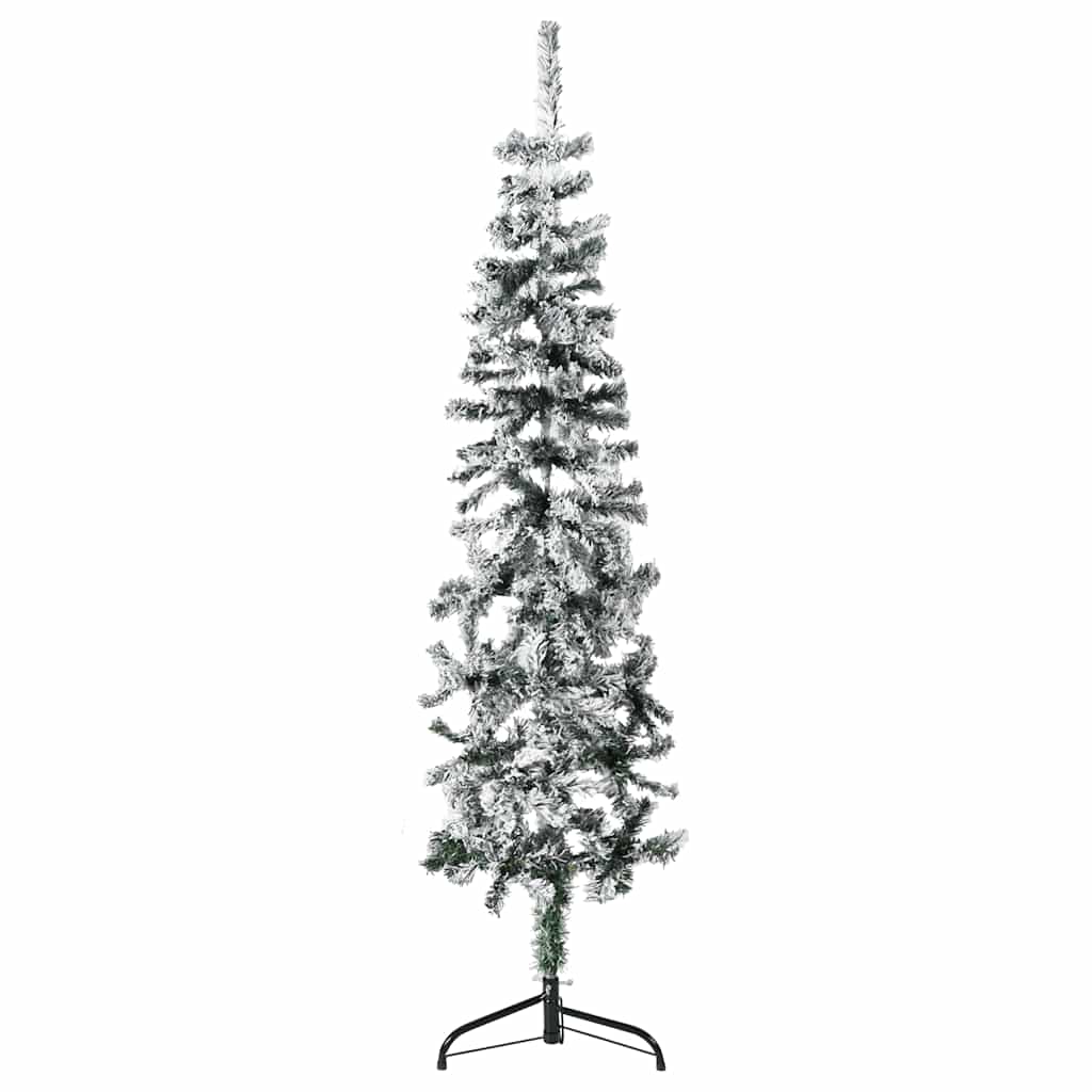 Vidaxl 4Ft Slim Artificial Half Christmas Tree With Flocked Snow - Pvc And Steel Green And White Holiday Decor