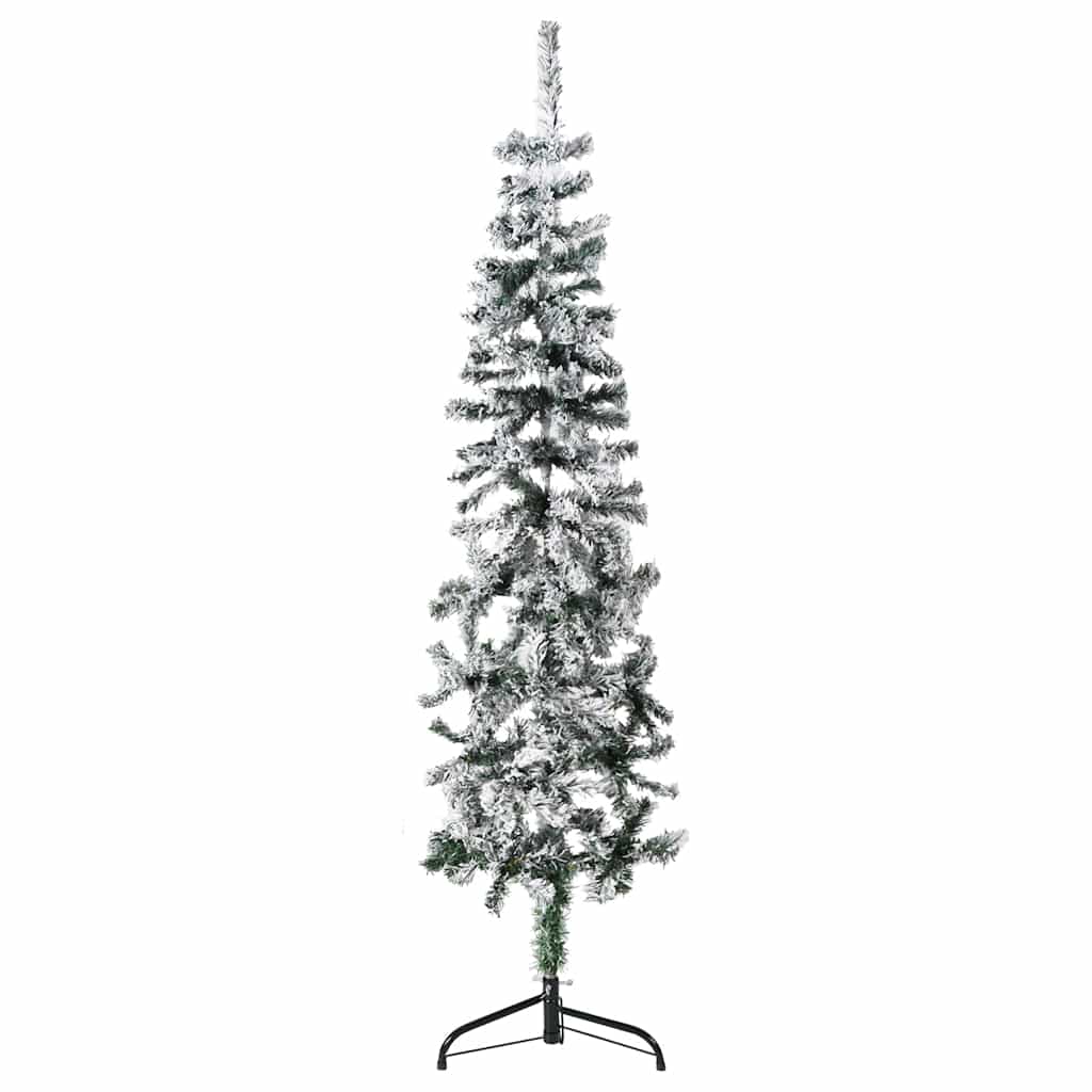 Vidaxl 4Ft Slim Artificial Half Christmas Tree With Flocked Snow - Pvc And Steel Green And White Holiday Decor