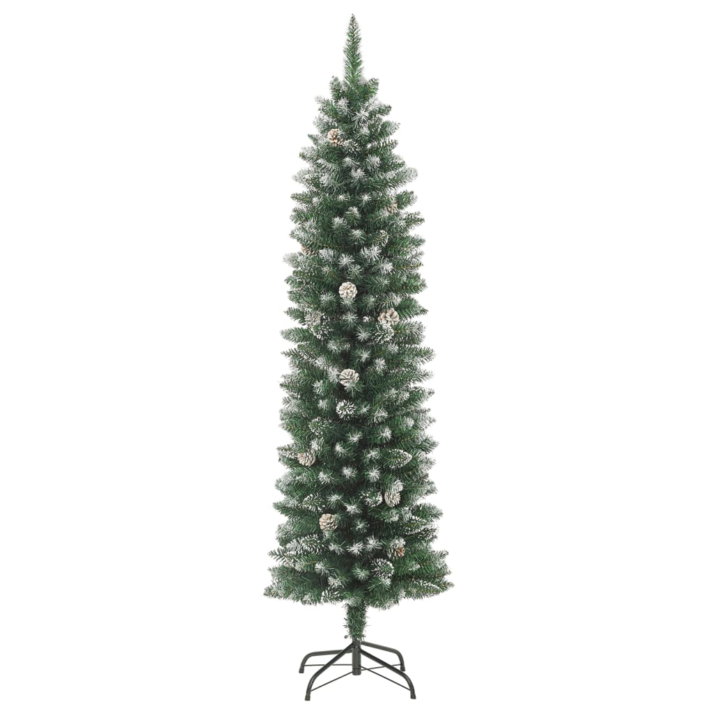 Vidaxl 4Ft Slim Artificial Christmas Tree With Stand - Green & White, Decorated With Cones And White Snow, Complete With Steel Stand