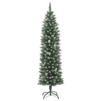 Vidaxl 5 Ft Artificial Slim Christmas Tree With White Snow Decoration And Steel Stand – Green Pvc Holiday Decoration With 10 Cones And 266 Pointed Tips