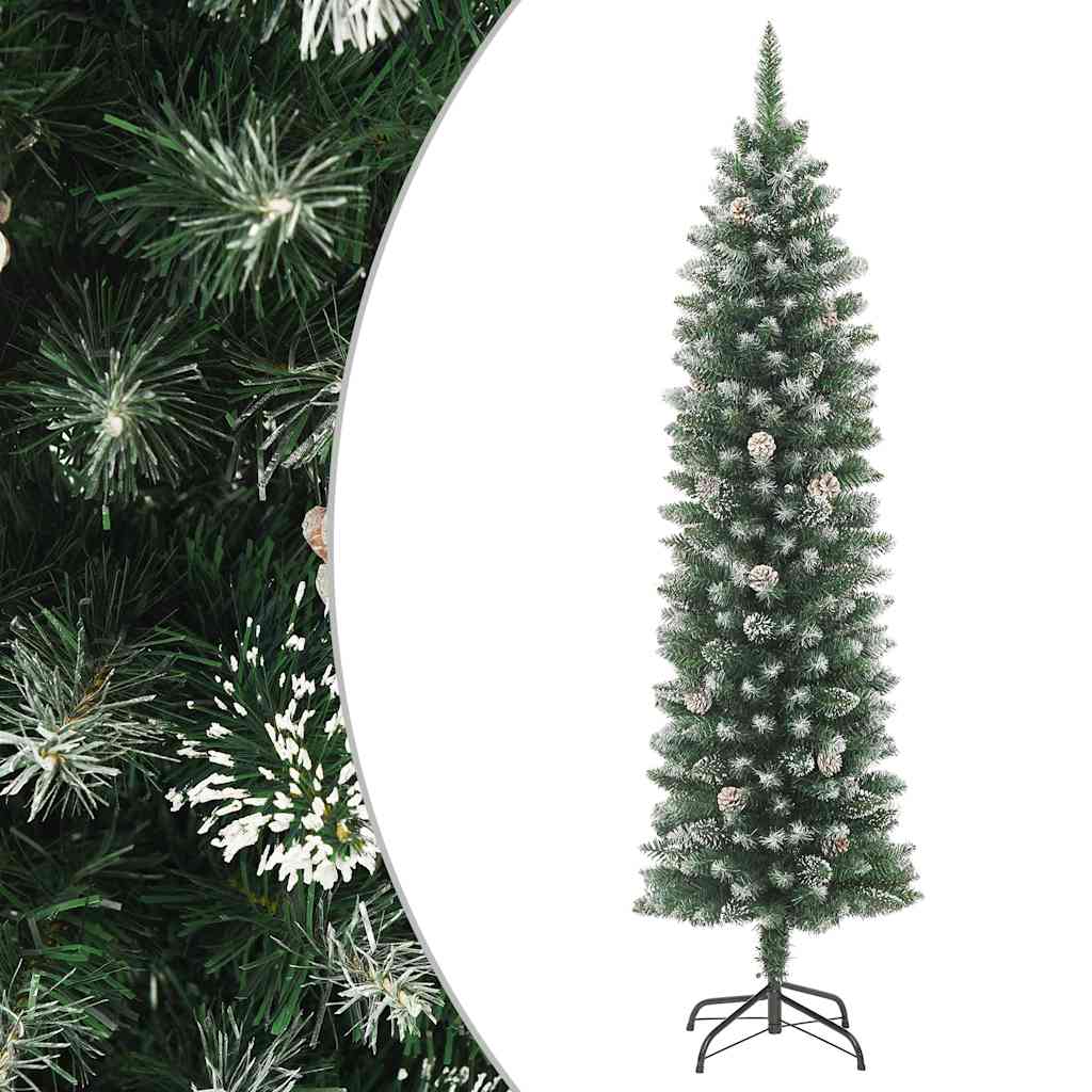 Vidaxl 6Ft Slim Artificial Christmas Tree With Snow, Steel Stand, Lush Pvc Branches, Space-Saving Xmas Tree For Holiday Decor, Green & White, With Artificial Snow Decoration