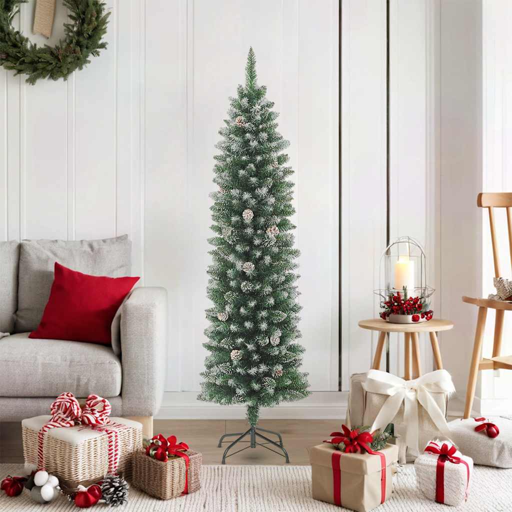 Vidaxl 6Ft Slim Artificial Christmas Tree With Snow, Steel Stand, Lush Pvc Branches, Space-Saving Xmas Tree For Holiday Decor, Green & White, With Artificial Snow Decoration