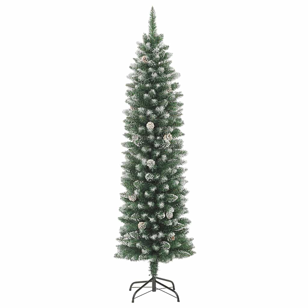 Vidaxl 6Ft Slim Artificial Christmas Tree With Snow, Steel Stand, Lush Pvc Branches, Space-Saving Xmas Tree For Holiday Decor, Green & White, With Artificial Snow Decoration