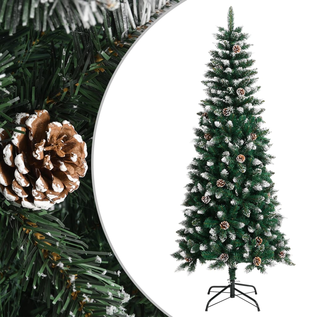 Vidaxl Artifical Christmas Tree With Stand, 70.9" - Green And White, Pvc And Steel Construction, Hinged, Decorated With Snow, Glitter And Cones – Easy To Assemble, Durable & Eco-Friendly