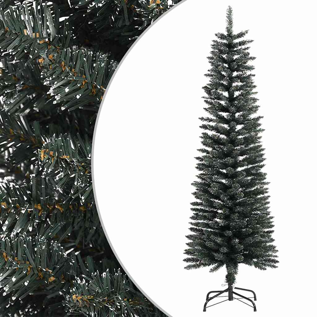 Vidaxl 5Ft Artificial Slim Christmas Tree With Stand - Green Pvc Decor With White Snow Decoration, 208 Pointed Tips, Sturdy Steel Stand