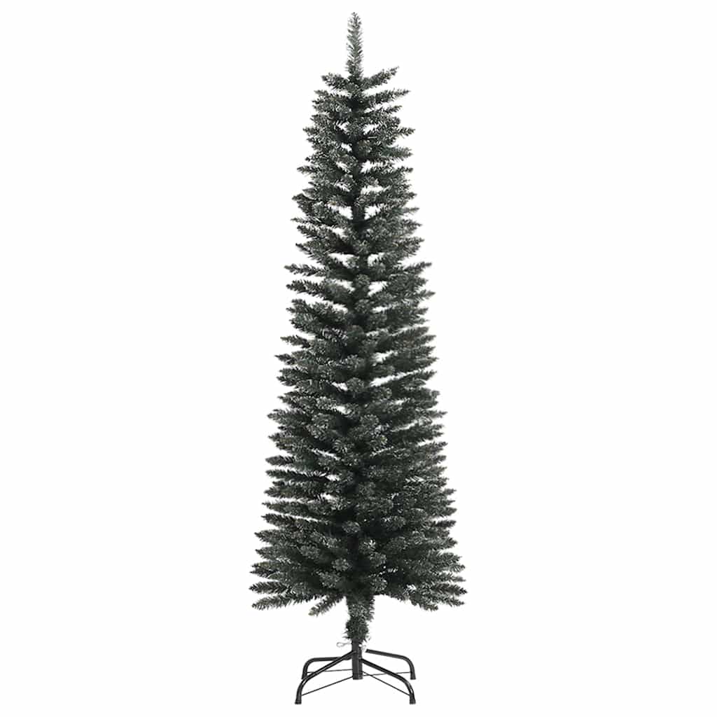 Vidaxl 5Ft Artificial Slim Christmas Tree With Stand - Green Pvc Decor With White Snow Decoration, 208 Pointed Tips, Sturdy Steel Stand