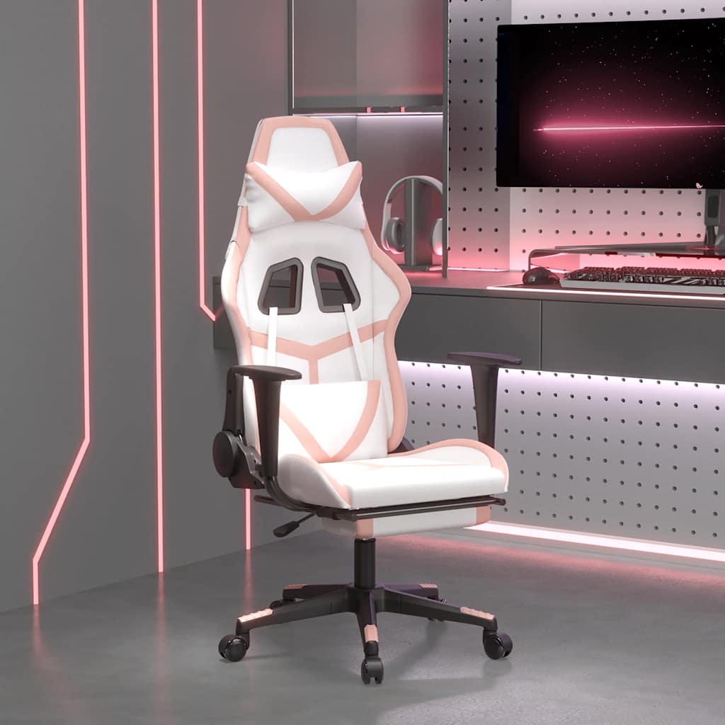 vidaXL Massage Gaming Chair with Footrest White&Pink Faux Leather