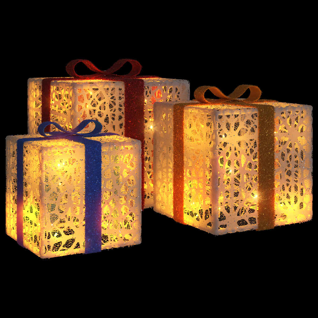 Vidaxl Lighted Christmas Boxes With Bows, Set Of 3 With 64 Energy-Saving Warm White Leds, Festive Holiday Decor, 8 Lighting Effects, Ideal For Indoors Xmas Decoration