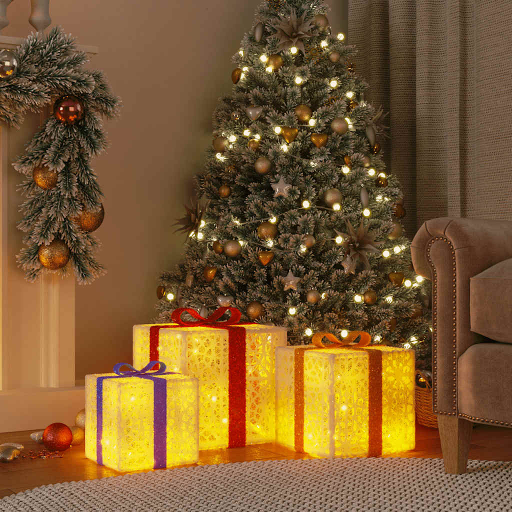 Vidaxl Lighted Christmas Boxes With Bows, Set Of 3 With 64 Energy-Saving Warm White Leds, Festive Holiday Decor, 8 Lighting Effects, Ideal For Indoors Xmas Decoration
