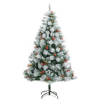 Vidaxl Green And White Artificial Hinged Christmas Tree With Cones And Berries - Pvc Material, 70.9 Inches Height, Sturdy Metal Stand Included