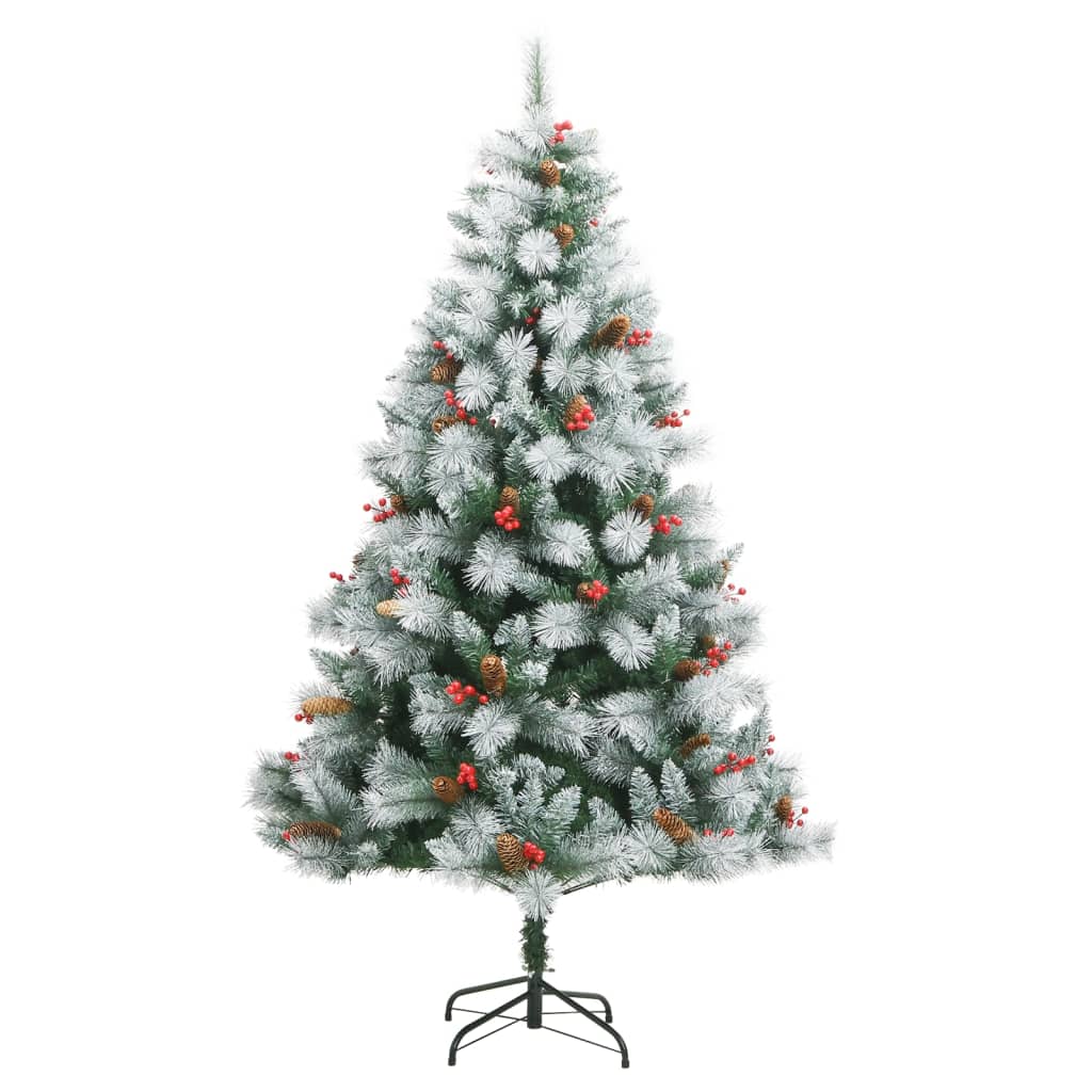 Vidaxl Green And White Artificial Hinged Christmas Tree With Cones And Berries - Pvc Material, 70.9 Inches Height, Sturdy Metal Stand Included