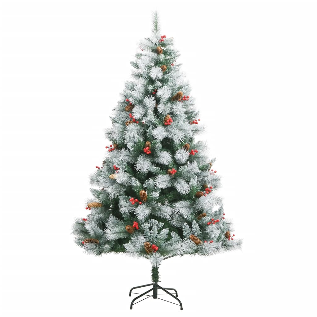 Vidaxl 82.7&quot; Artificial Hinged Christmas Tree With Cones And Berries - Economy Friendly Green And White Pvc Christmas Decoration With Sturdy Metal Stand