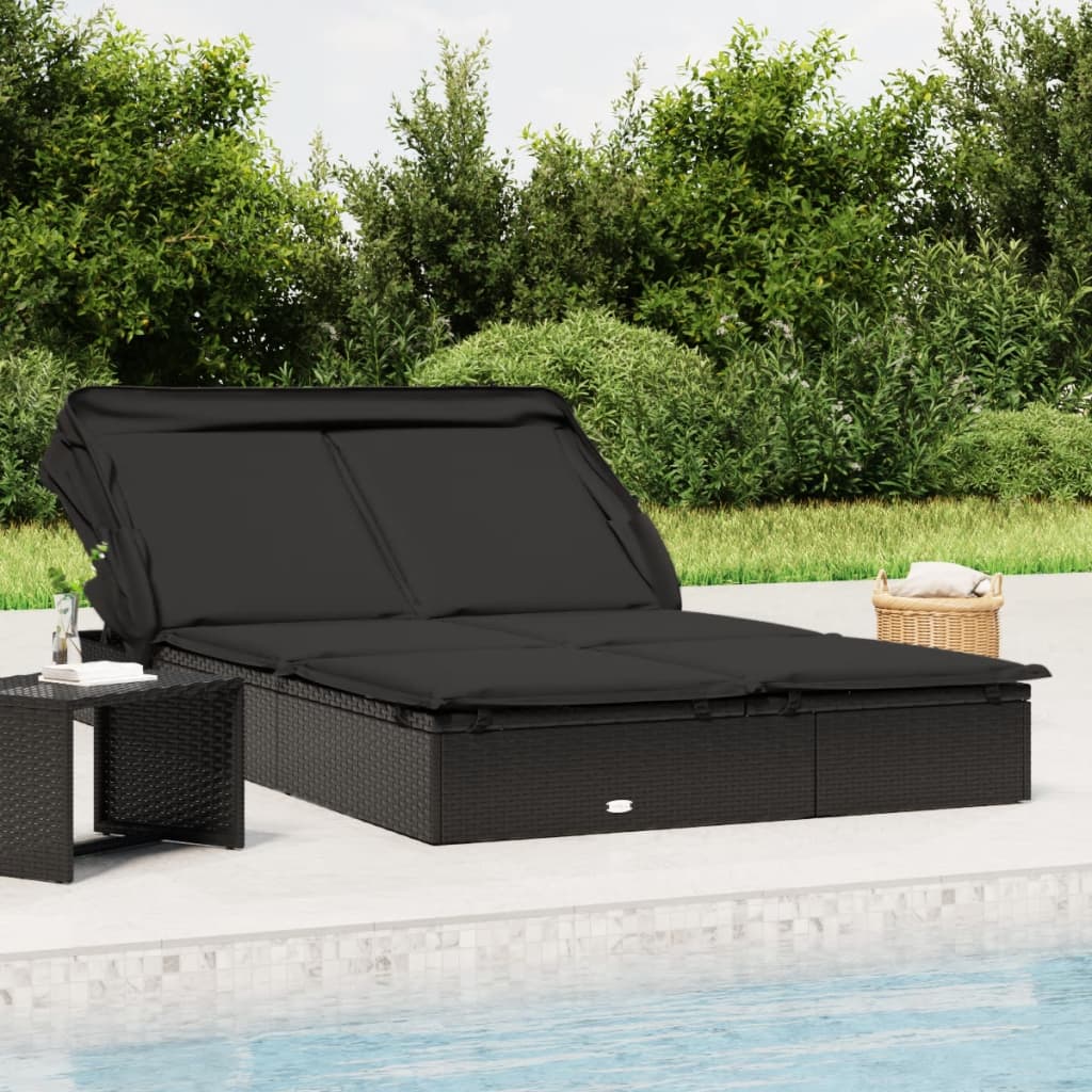 vidaXL 2-Person Sunbed with Foldable Roof Black 83.9x46.5x38.2 Poly Rattan