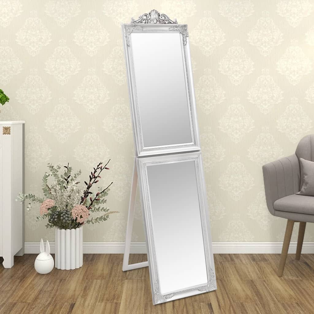 Vidaxl Free-Standing Baroque Style Mirror In Silver - Clear Reflection - Elegant Decorative Piece For Hallways, Bedrooms, And Cloakrooms