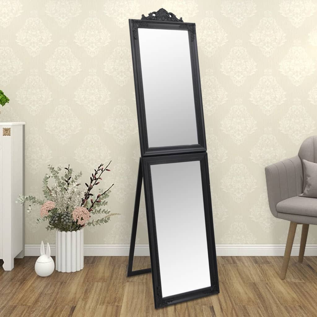 Vidaxl Black Rectangular Free-Standing Mirror With Baroque Pattern | Glass, Eucalyptus Wood And Engineered Wood Material | Perfect For Hallway, Bedroom, Dressing Room - 19.7&quot;X78.7&quot;