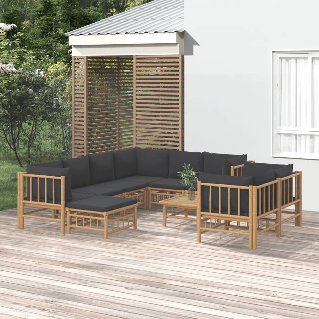 vidaXL 10 Piece Patio Lounge Set with Dark Gray Cushions Bamboo
