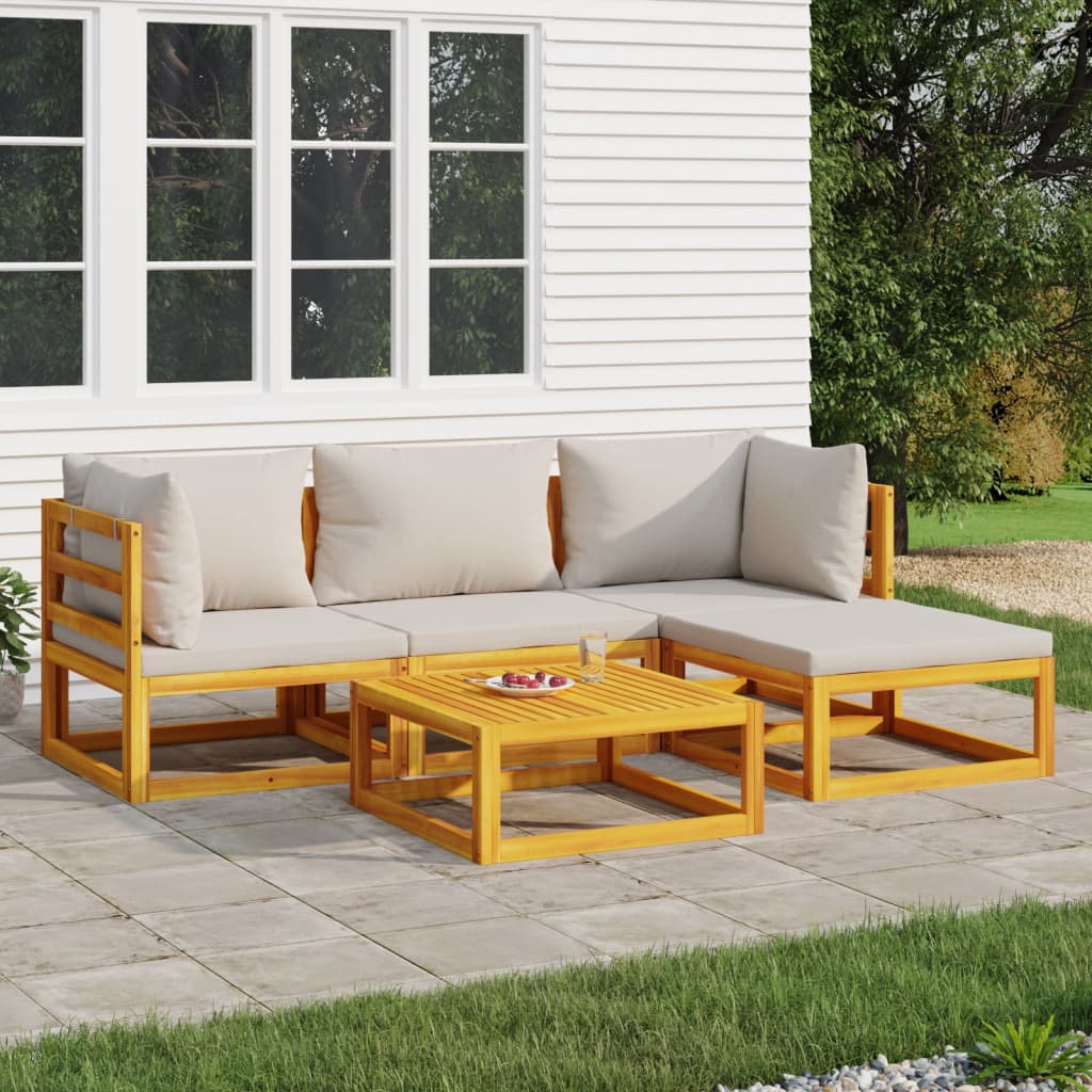 vidaXL 5 Piece Garden Lounge Set with Light Grey Cushions Solid Wood