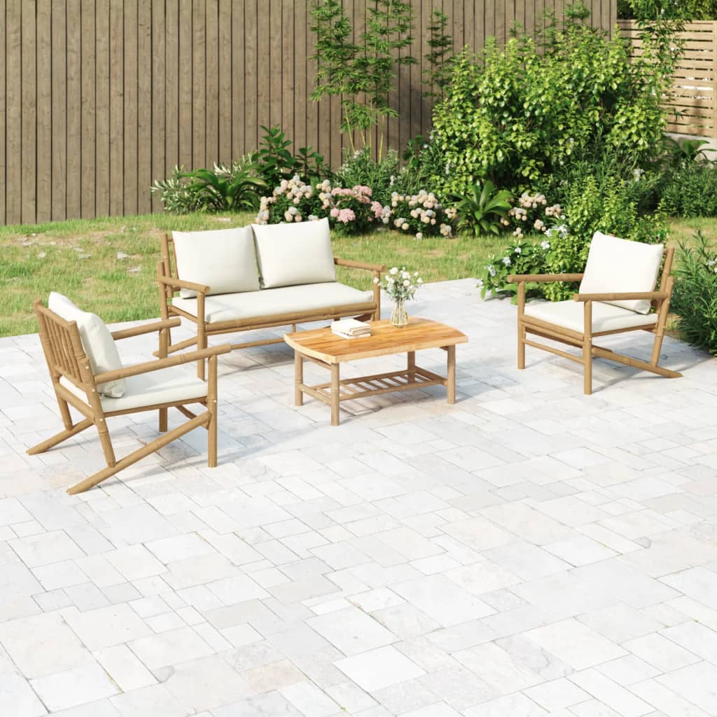 vidaXL 4 Piece Garden Lounge Set with Cream White Cushions Bamboo