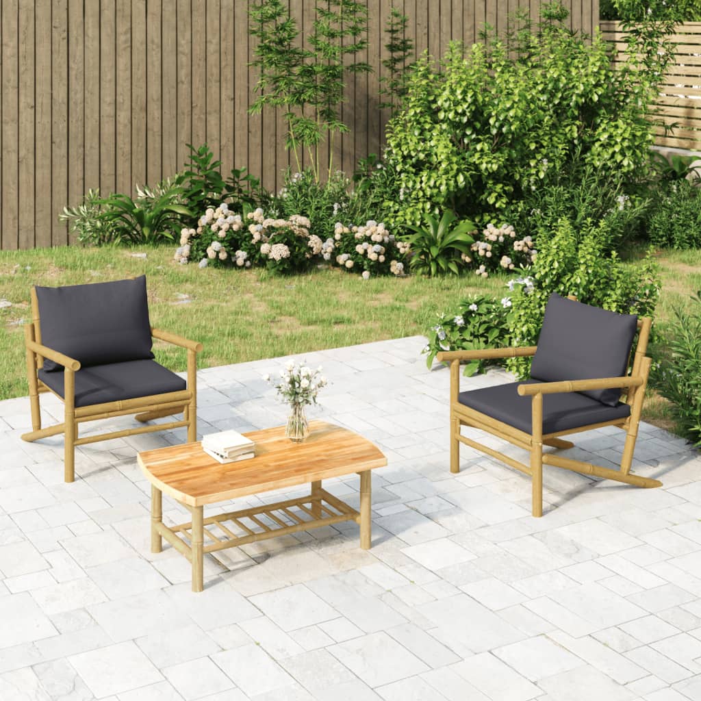 vidaXL 3-tlg. Garten-Lounge-Set mit Dunkelgrauen Kissen Bambus