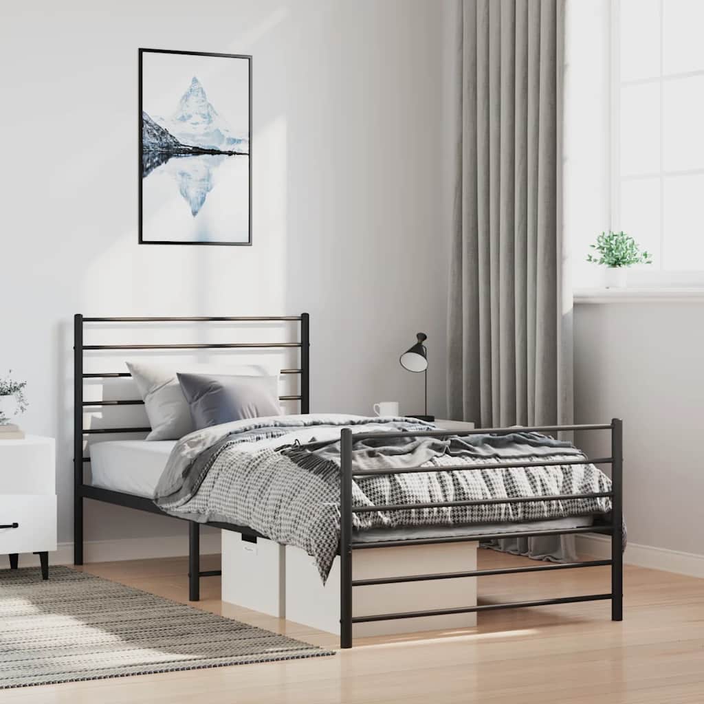 vidaXL Metal Bed Frame with Headboard and Footboard Black 39.4x74.8