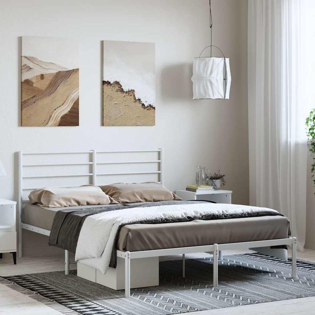 vidaXL Metal Bed Frame with Headboard White 53.9x74.8