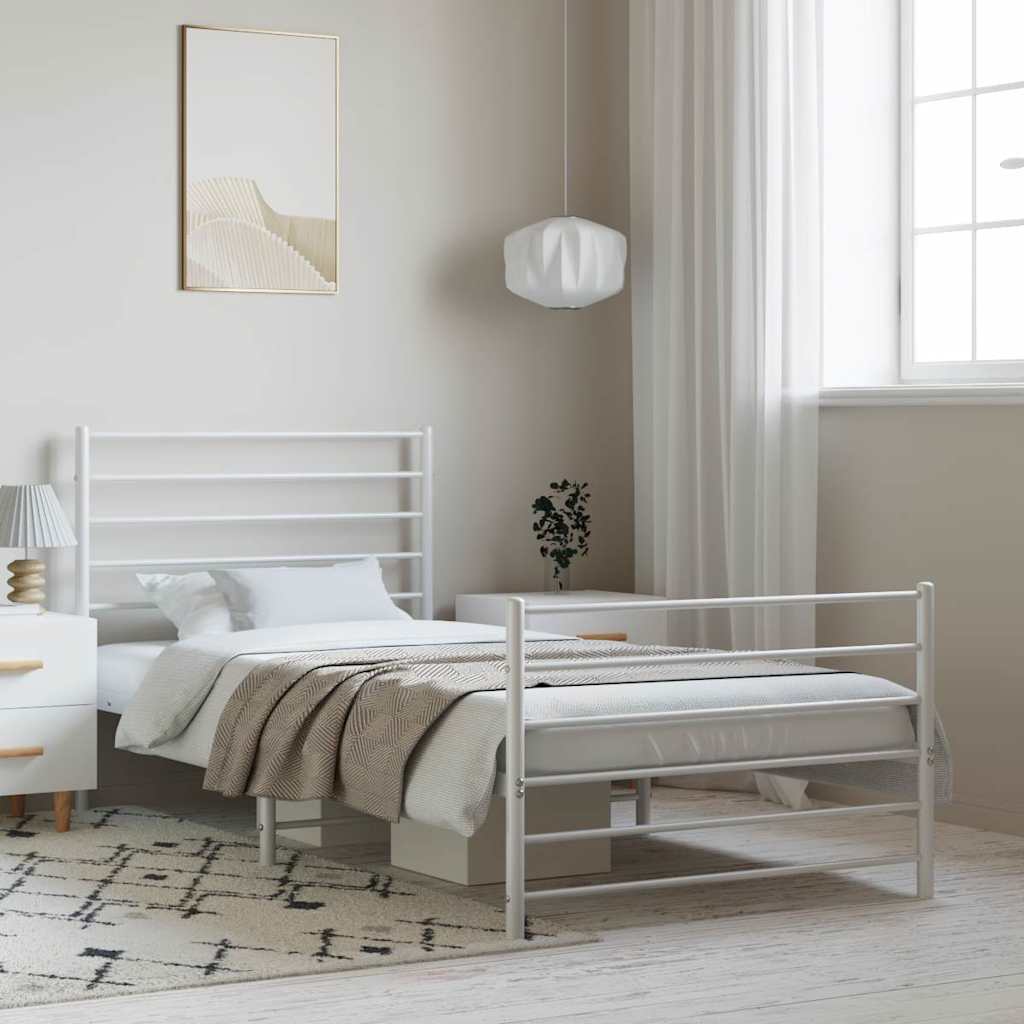 vidaXL Metal Bed Frame with Headboard and Footboard White 39.4x78.7
